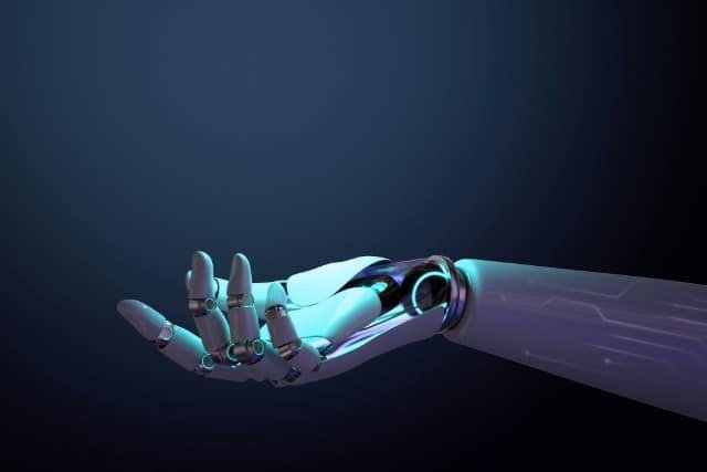 A robot hand featuring a blue light, representing the Solo ET technology.