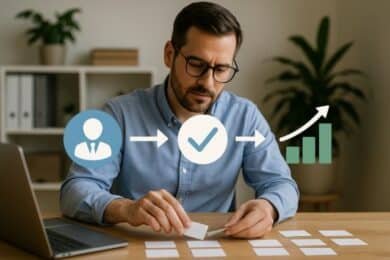 Man focused on laptop, analyzing graphs and arrows to track data trends and insights for Speciering project.