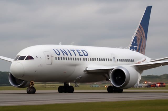 United Airlines Boeing 787-9 aircraft on the runway during an emergency diversion for Flight UA770.