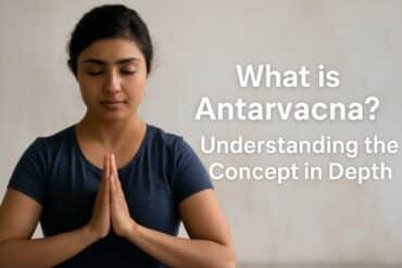 Person meditating surrounded by glowing abstract mindwave patterns, illustrating the concept of Antarvacna with a calming blue and purple color palette and subtle gold highlights, with text overlay 'What is Antarvacna?