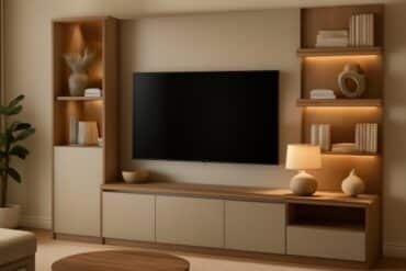 A modern living room featuring a TV mounted on the wall and stylish bookshelves filled with books and decor.