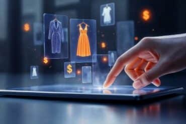 Illustration showing steps to leverage eCommerce for business growth, featuring charts and online shopping elements.