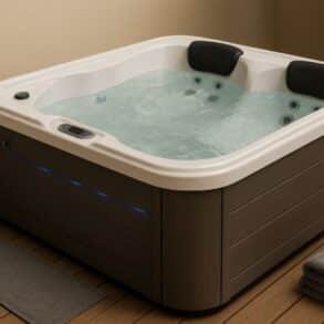 Small outdoor patio with a two-person hot tub, surrounded by greenery and soft natural lighting, showcasing a cozy and compact relaxation space.