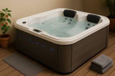 Small outdoor patio with a two-person hot tub, surrounded by greenery and soft natural lighting, showcasing a cozy and compact relaxation space.