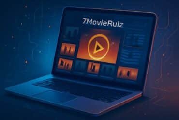 A laptop displaying the 7 Movie Rulz website with a play button icon and movie thumbnails on the screen, showcasing the 7MovieRulz platform in action.