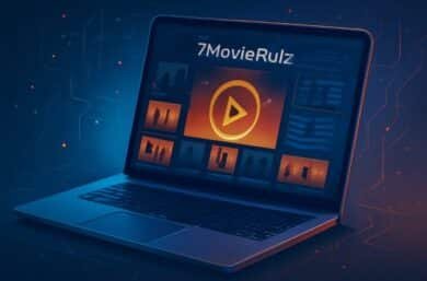 A laptop displaying the 7 Movie Rulz website with a play button icon and movie thumbnails on the screen, showcasing the 7MovieRulz platform in action.