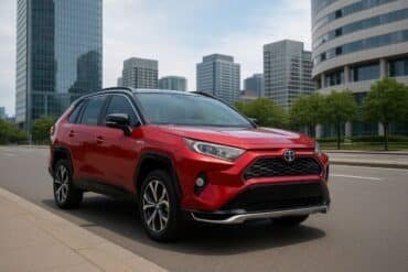Best Hybrid SUV Toyota RAV4 Prime parked in a modern city environment.