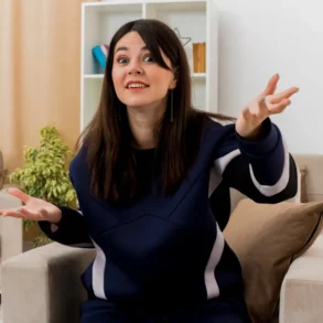 A woman sitting on a couch, hands outstretched, embodying the theme of using what you already own.