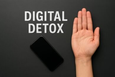 Hand resting on a black table, symbolizing a digital detox and a break from technology.