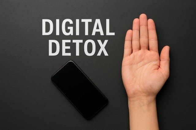 Hand resting on a black table, symbolizing a digital detox and a break from technology.