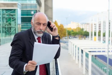 A businessman in a suit and tie talks on his cell phone, focusing on protecting IP while expanding into the French market.
