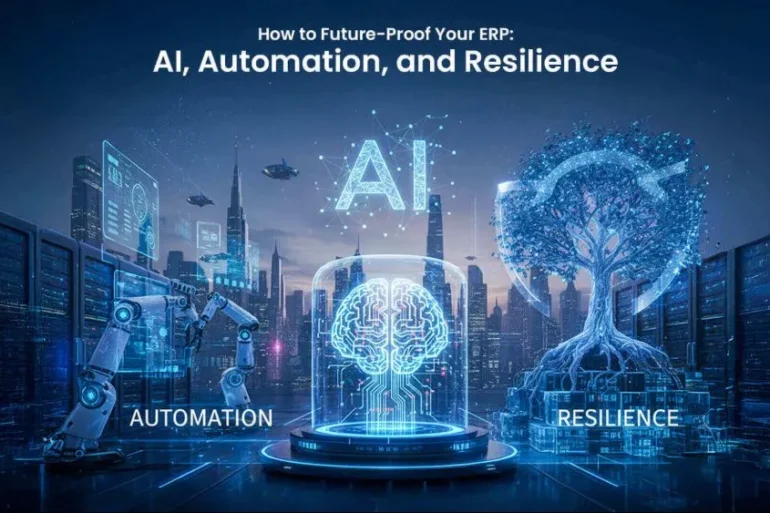 Conceptual image illustrating AI, automation, and resilience within future-proof ERP solutions.