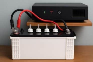 A battery and its charger are displayed on a wooden table, highlighting essential equipment for automotive care.