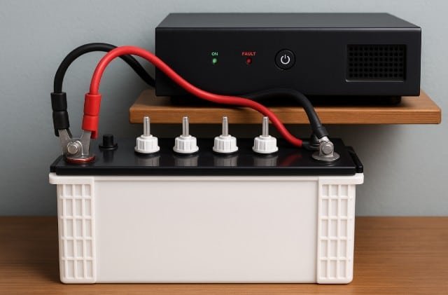 A battery and its charger are displayed on a wooden table, highlighting essential equipment for automotive care.