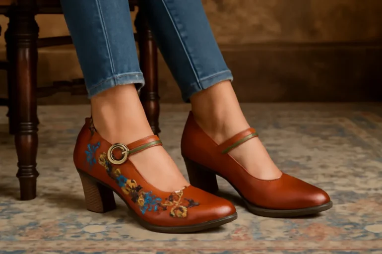 A close-up of a pair of L’Artiste women’s leather shoes with chunky heels, one decorated with vibrant floral embroidery and a gold buckle strap, worn with blue jeans, resting on a patterned antique rug.