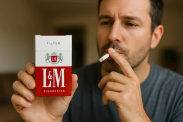 A man holds a red-and-white pack of L&M cigarettes in one hand while smoking a cigarette with the other, looking contemplative.