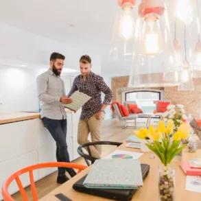 Two men standing in an office with a table and chairs, discussing lighting to enhance the space's appearance.