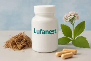 Lufanest supplement bottle with natural ingredients like valerian root and melatonin.