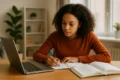 Occupational therapy student studying for the NBCOT exam and OTR/L license preparation, writing notes at a desk with laptop, textbook, and coffee in a bright study space.