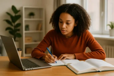 Occupational therapy student studying for the NBCOT exam and OTR/L license preparation, writing notes at a desk with laptop, textbook, and coffee in a bright study space.