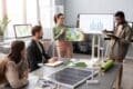 Team members collaborate in an office setting, highlighting a solar panel as part of their sustainable management efforts.