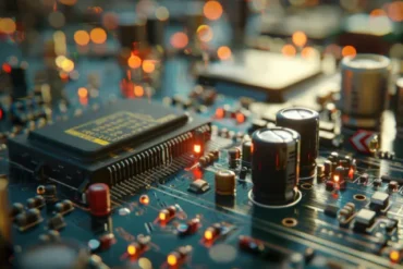 Close-up of a circuit board showcasing tiny electronic components, highlighting modern engineering intricacies.