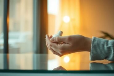 Two hands gently hold a small white bottle in a cozy, softly lit room. The warm light and blurred background create a calm, reflective atmosphere.