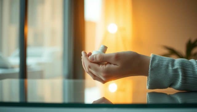 Two hands gently hold a small white bottle in a cozy, softly lit room. The warm light and blurred background create a calm, reflective atmosphere.