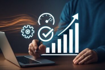 Man working on a laptop displaying a graph and business icons, focused on quartist optimization strategies.