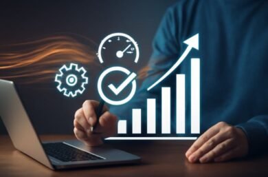 Man working on a laptop displaying a graph and business icons, focused on quartist optimization strategies.