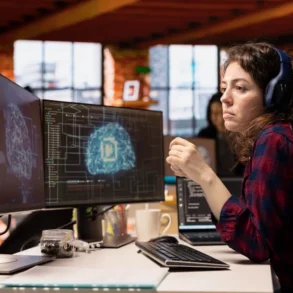 A woman with headphones sits at a desk, focused on two monitors, providing IT support with AI assistance.