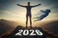Woman standing triumphantly on a mountain peak with "2020" written on it, symbolizing overcoming challenges for 2026.