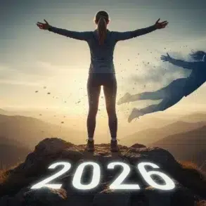 Woman standing triumphantly on a mountain peak with "2020" written on it, symbolizing overcoming challenges for 2026.
