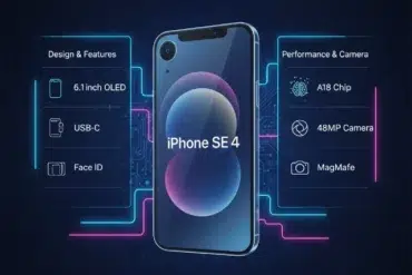 iPhone SE 4 displayed with features like 6.1" OLED, USB-C, Face ID, A18 chip, 48MP camera, and MagSafe in a tech-themed layout.