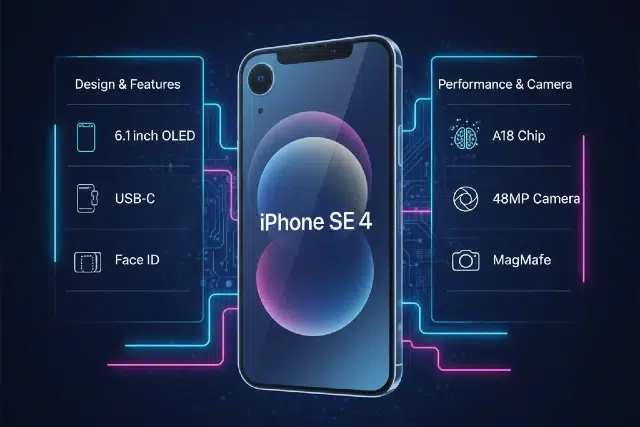 iPhone SE 4 displayed with features like 6.1" OLED, USB-C, Face ID, A18 chip, 48MP camera, and MagSafe in a tech-themed layout.