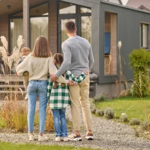 A family of four stands together in front of their house, smiling and posing for the camera.