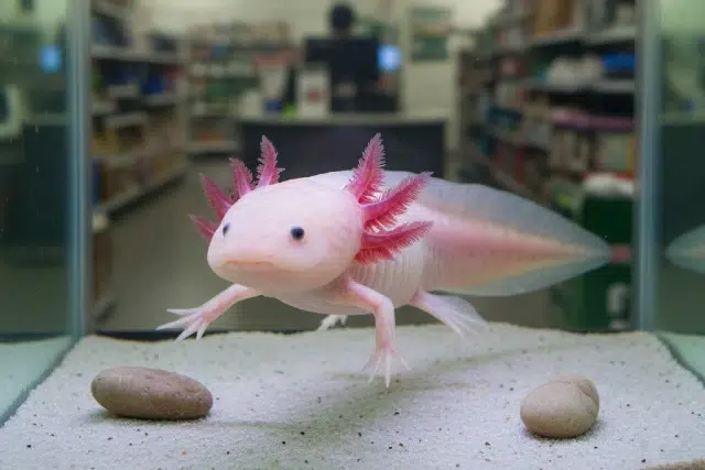 A pink axolotl with feathery gills swimming in a tank, surrounded by sand and two stones, set in a pet store environment.
