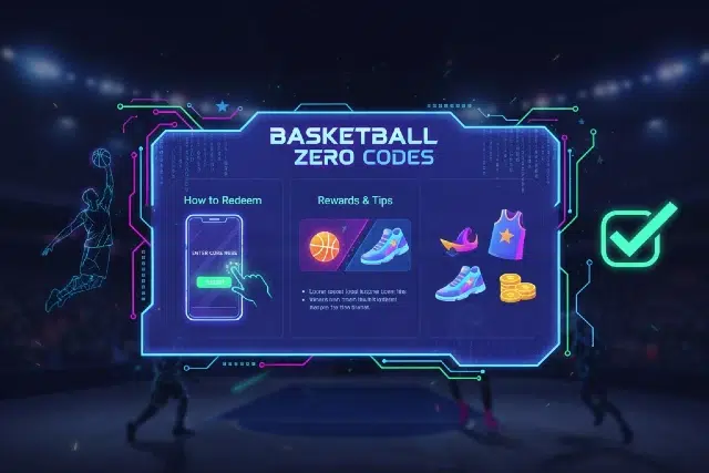 Graphic displaying instructions on redeeming "Basketball Zero Codes," featuring rewards like basketball gear and tips for players.