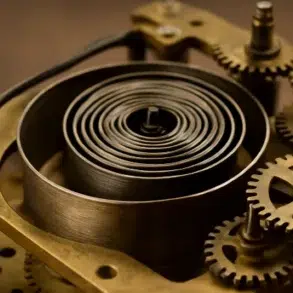 Close-up of an antique clock's inner mechanism, featuring a spiral mainspring and intricate gears in brass and steel.