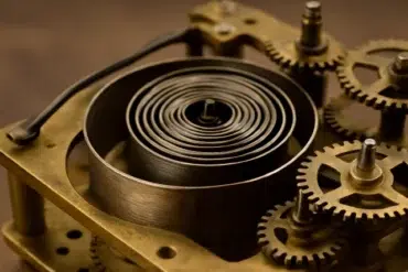 Close-up of an antique clock's inner mechanism, featuring a spiral mainspring and intricate gears in brass and steel.