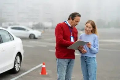 A man in a red sweater and a woman in a blue sweater discuss notes while standing beside a parked car in a foggy environment.