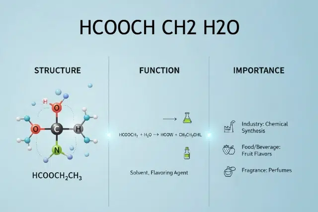 Visual explanation of HCOOCHCH$_2$H$_2$O (ethyl formate and water), covering its structure, functions (solvent, flavoring), and importance in industries like chemical synthesis, food, and fragrance.