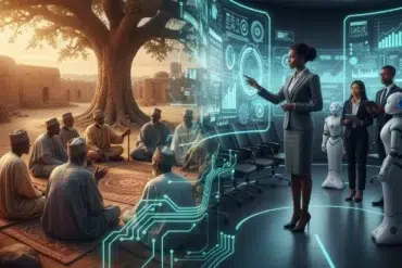 A woman stands confidently before a group, representing leadership within Hausa culture.