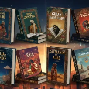 A collection of books in various languages, including the complete Hausa novel, showcasing diverse literary works.
