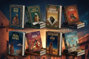 A collection of books in various languages, including the complete Hausa novel, showcasing diverse literary works.