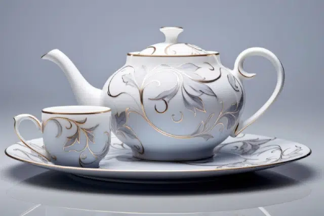 A white and gold teapot and cup elegantly placed on a plate, showcasing the design from Machine a The Choisir.Guide.
