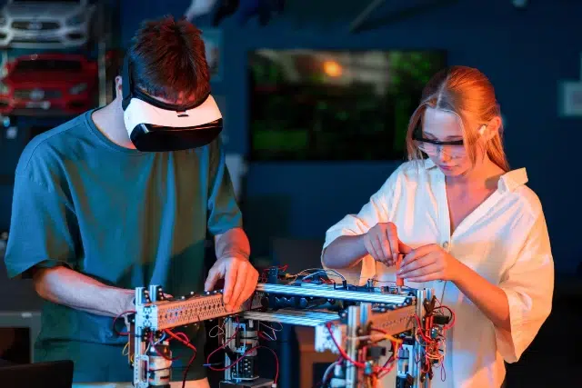 A man and woman collaborate on a robot in a university microgrid lab, showcasing hands-on technical education.