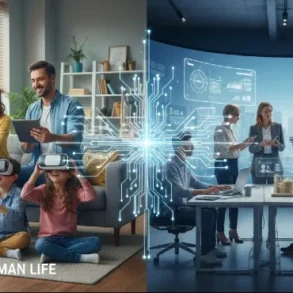 Two images: one of colleagues collaborating in an office, and another of a family using modern technology together.