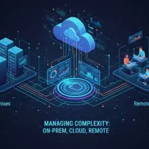 Illustration of managing complexity in computing, showing on-premises servers and remote teams connected via a cloud network.