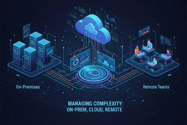 Illustration of managing complexity in computing, showing on-premises servers and remote teams connected via a cloud network.